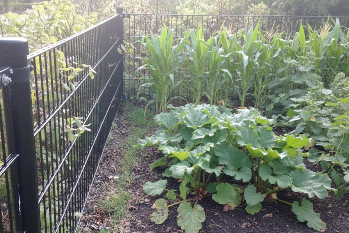 Stalen hekwerk om een moestuin