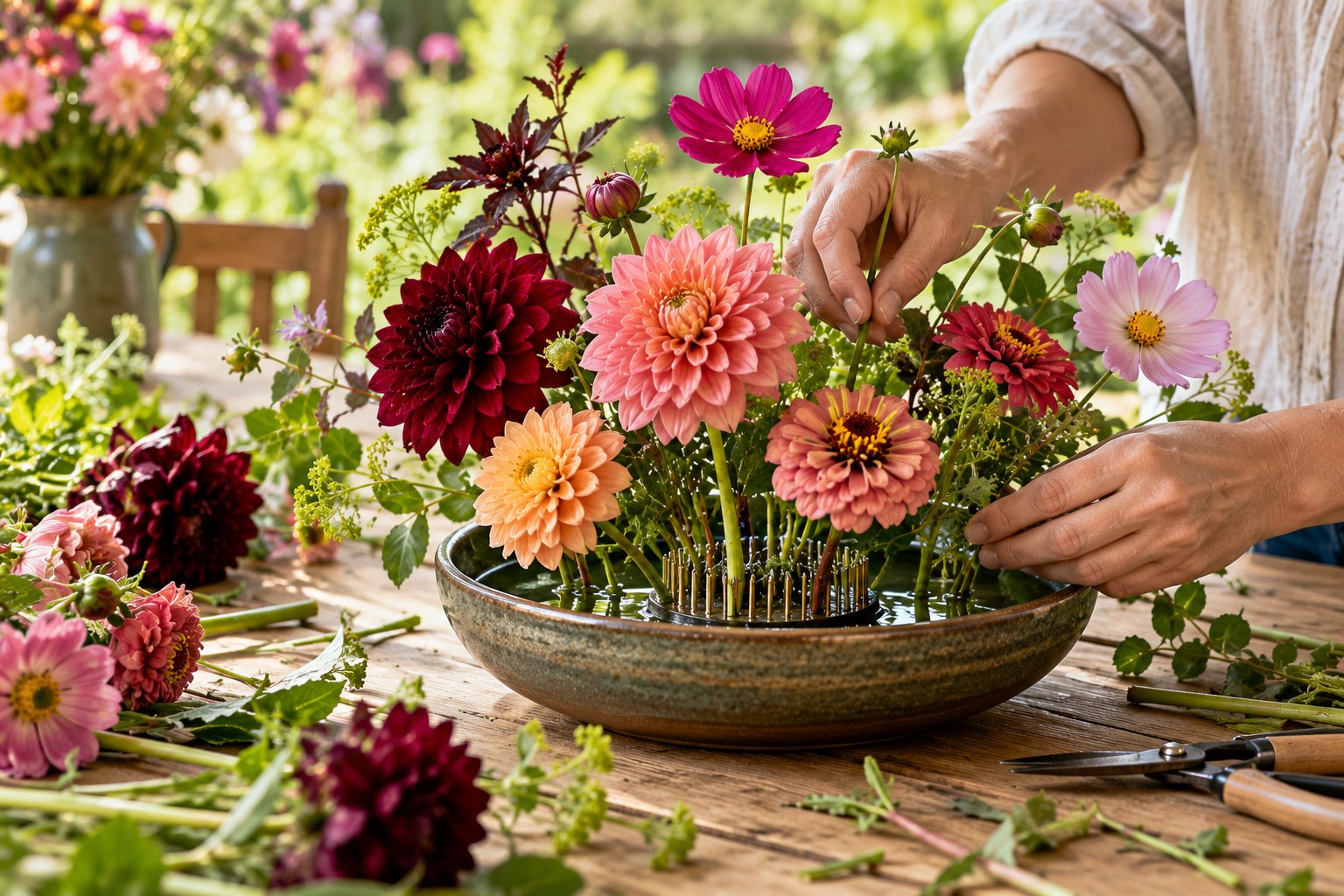 Dahlia’s, cosmea en zinnia’s schikken in een lage schaal met een bloemigel